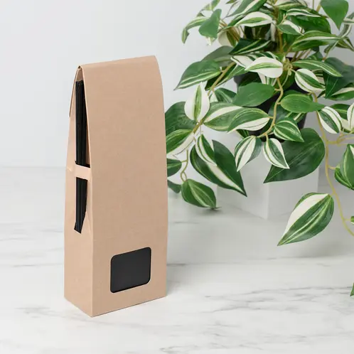Kraft Retail Reed Diffuser Box (Large) with Matte Black Square Reed Diffuser Bottle and Black Fiber Diffuser Reeds