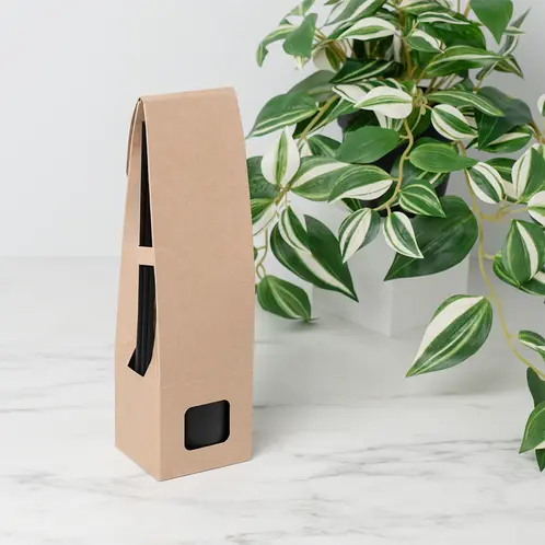 Kraft Retail Reed Diffuser Box (Small) with Matte Black Square Reed Diffuser Bottle and Black Fiber Diffuser Reeds