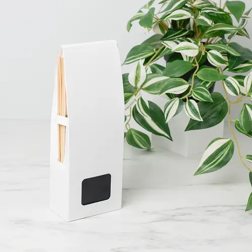 White Retail Reed Diffuser Box (Large) with Matte Black Square Reed Diffuser Bottle and Natural Diffuser Reeds