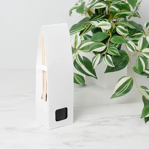 White Retail Reed Diffuser Box (Small) with Matte Black Square Reed Diffuser Bottle and Natural Diffuser Reeds